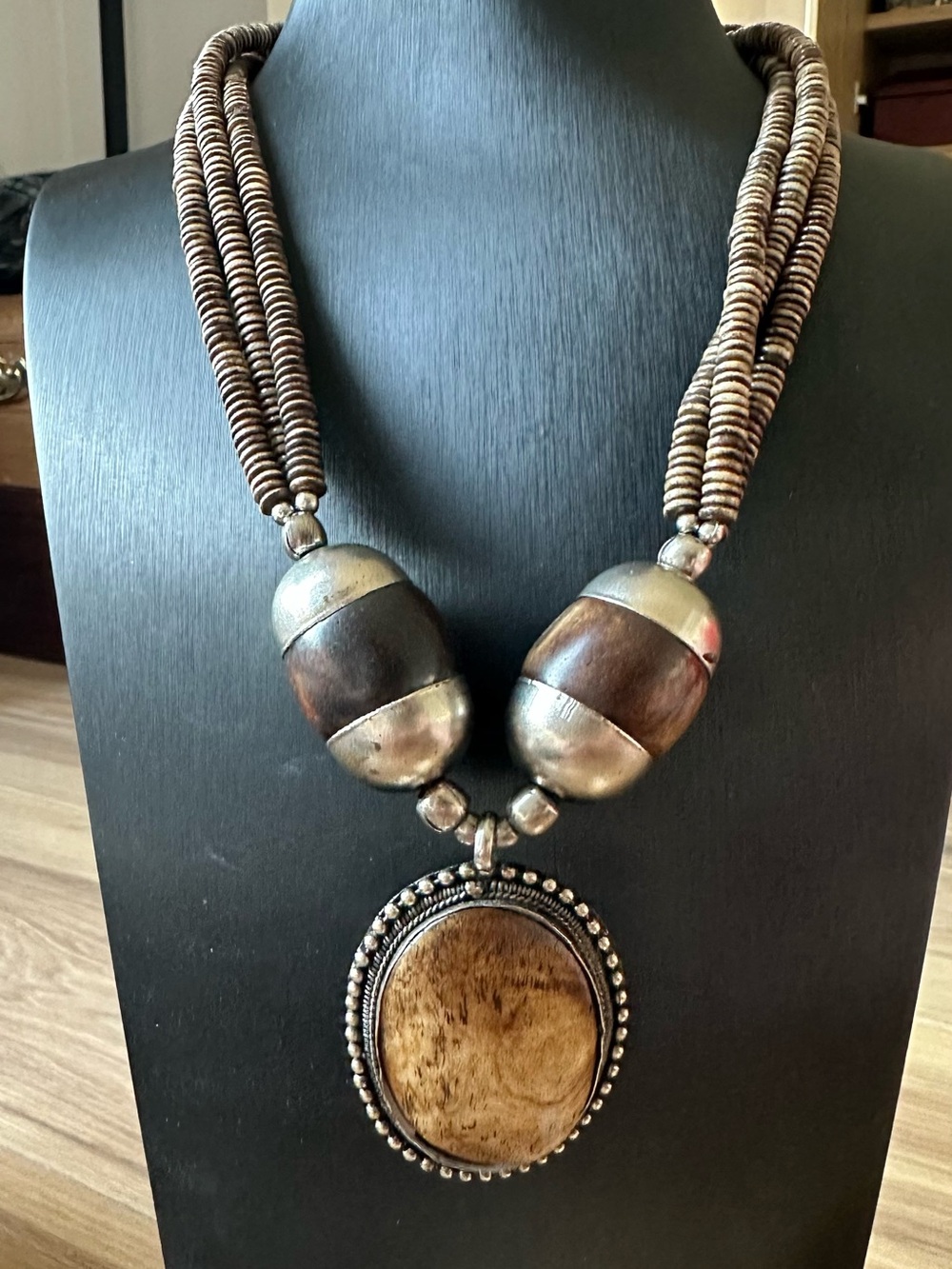 Vintage Boho Wooden Pendant Statement Necklace